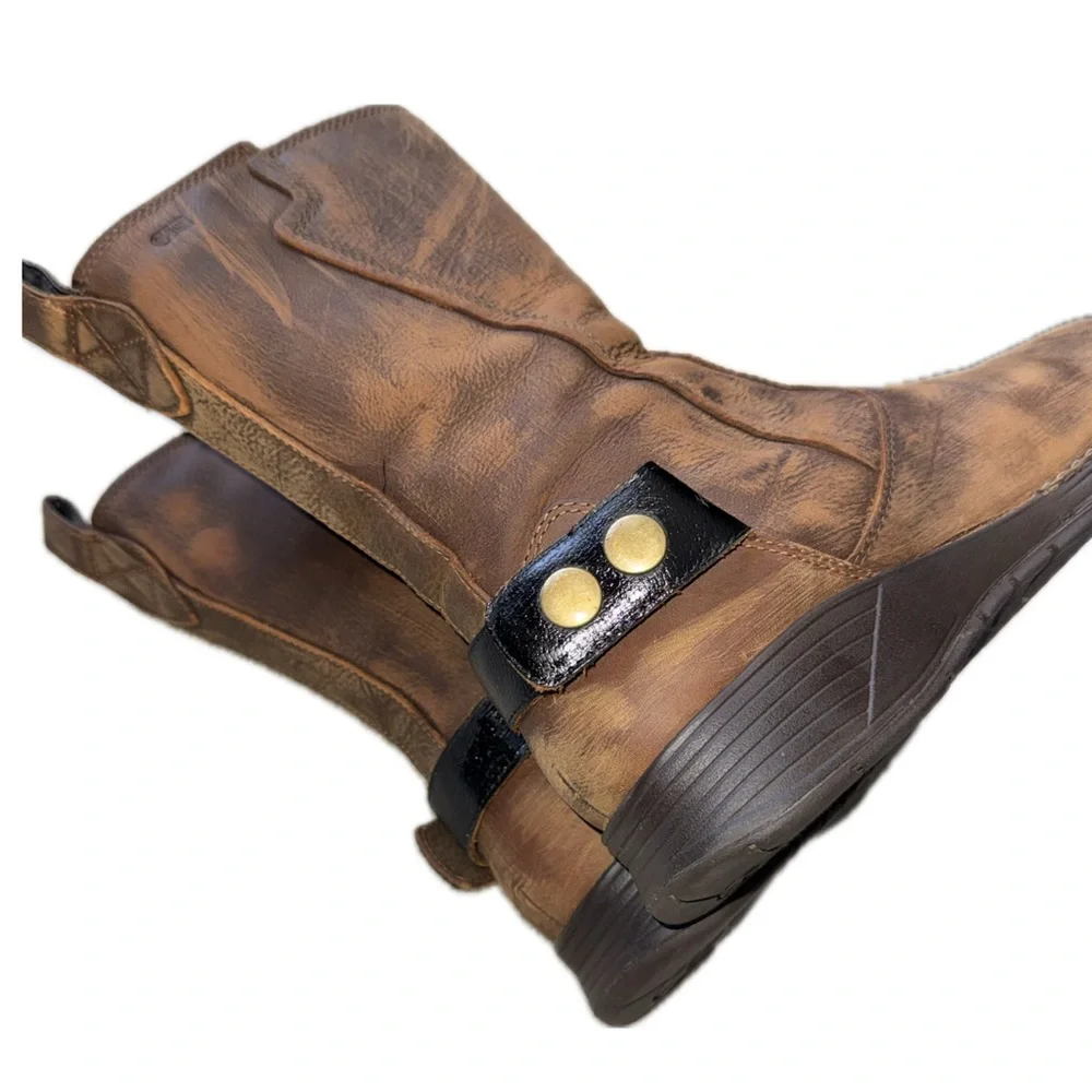 MERRELL Clay Brown Leather Boots Hand Distressed Patina Snap Buckle Boho US 8.5‎